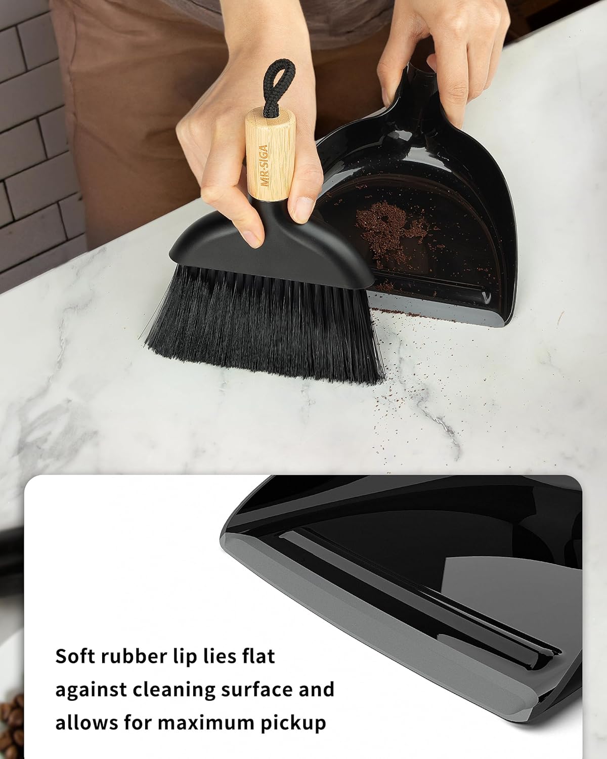 MR.SIGA Mini Dustpan and Brush Set, Portable Cleaning Brush and Dustpan Combo with Bamboo Handle, Black, 1 Set