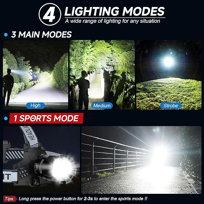 NiaoChao Headlamp Rechargeable, 99000 LM Super Bright LED Head Lamp - Image 4