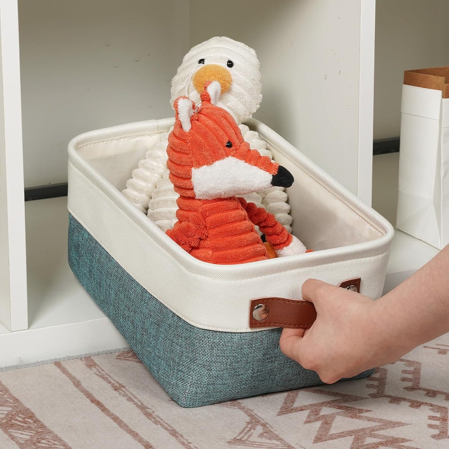 DULLEMELO Small Storage Bin,Small Fabric Rectangular Storage Basket for Shelves,Foldable Bin with Handles for Toy and Clothes Storage (White&Dark Green,1 PACK)