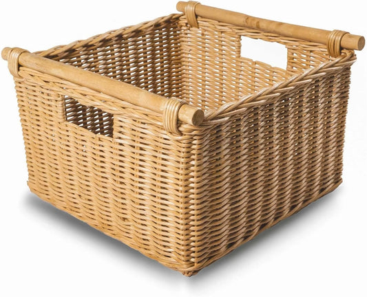The Basket Lady Deep Pole Handle Wicker Storage Basket, Large, 15 in L x 15.5 in W x 9.5 in H, Sandstone