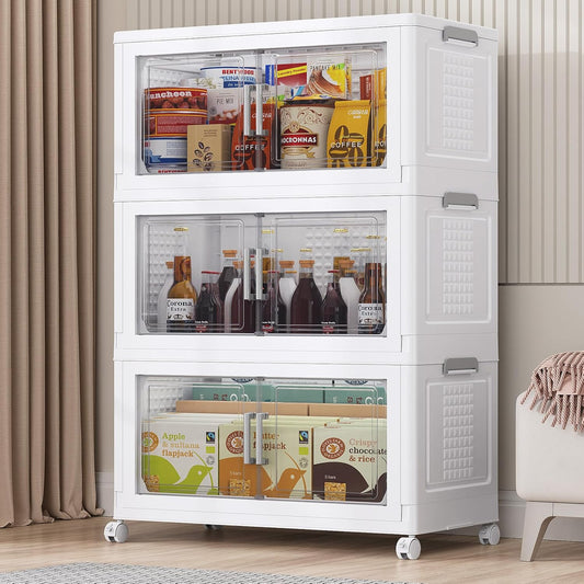 BROVIEW 324 Qt Plastic Storage Bins with Lid, Doors & Wheels, 3Pack Extra Large Stackable Collapsible Storage Bins, Closet Organizers and Storage Drawer, Foldable Cabinets for Home Office, White