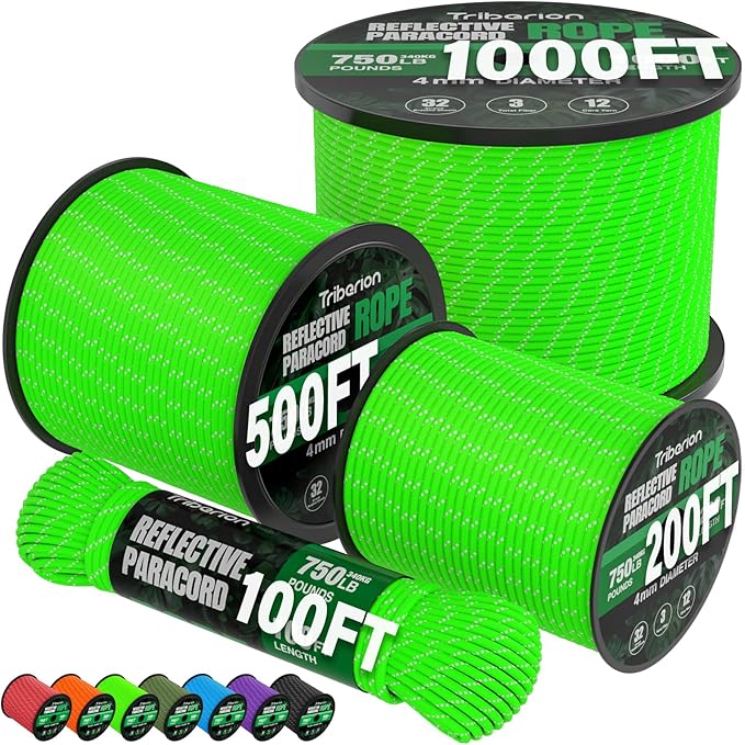 Reflective Paracord Rope 750 lb - 1000ft 5/32" Parachute Cord 4MM 12-Strand by Triberion
