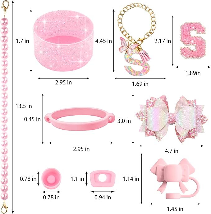 9PCS Pink for Stanley Cup Accessories Set 30/40 Oz Bling Initials Bow Charms - Image 3
