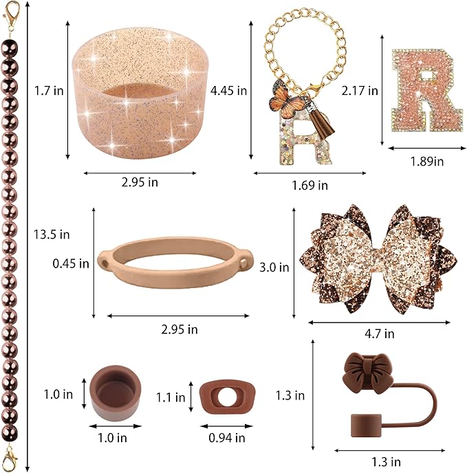 9PCS Brown for Stanley Cup Accessories Set Bling Initials Bow Charms for - Image 3
