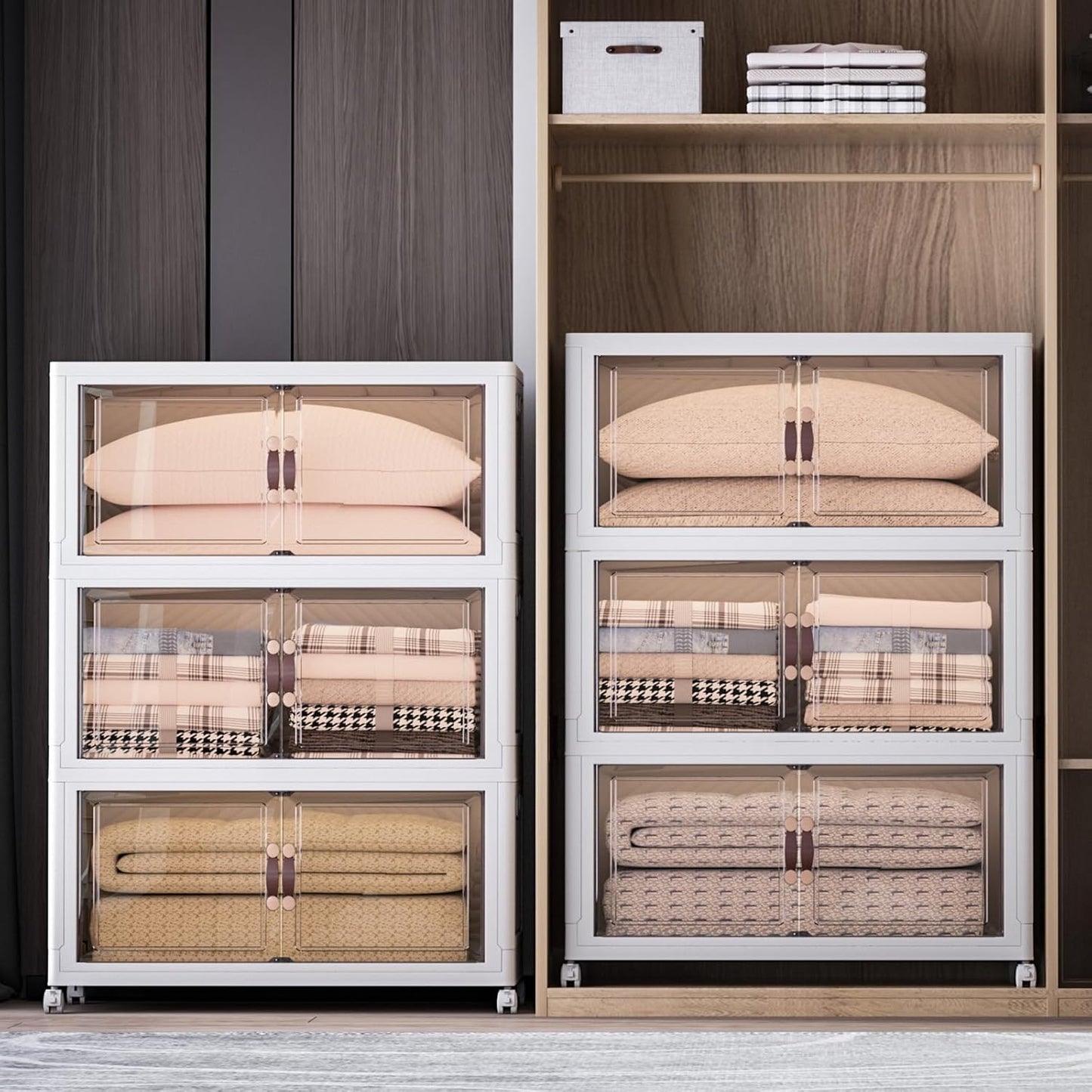 Extra Large Stackable Storage Bins with Lids & Wheels & Door, 960QT-160QT/40GAL*6Pack Foldable Collapsible Closet Organizers, Plastic containers drawers for bedroom Dorm