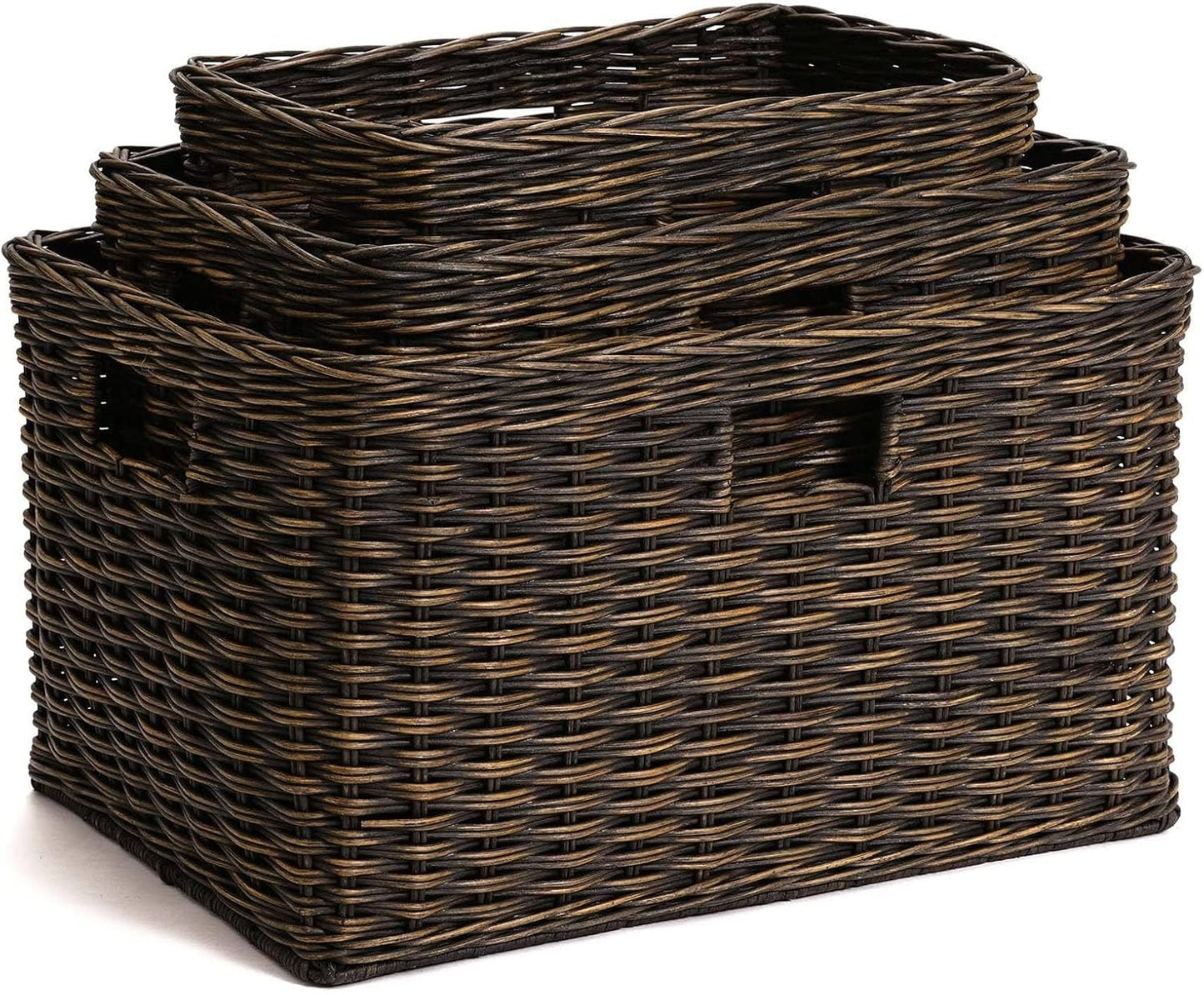 The Basket Lady Tall Rectangular Wicker Storage Basket, Medium, 20 in L x 13 in W x 11 in H, Antique Walnut Brown