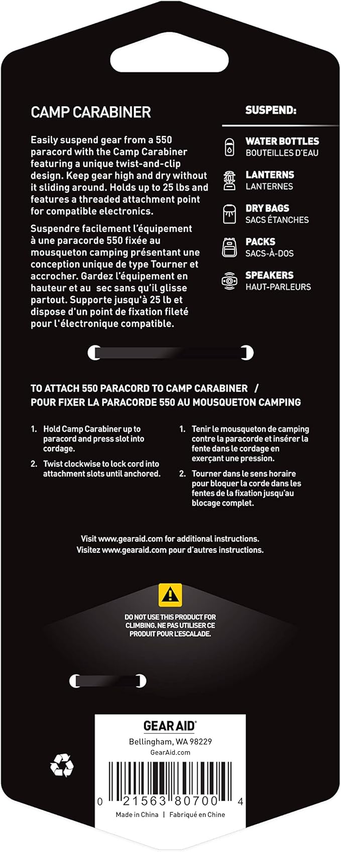 GEAR AID Camp Carabiner for Hanging Camping Towels, Speaker on a 550 Paracord - Image 3