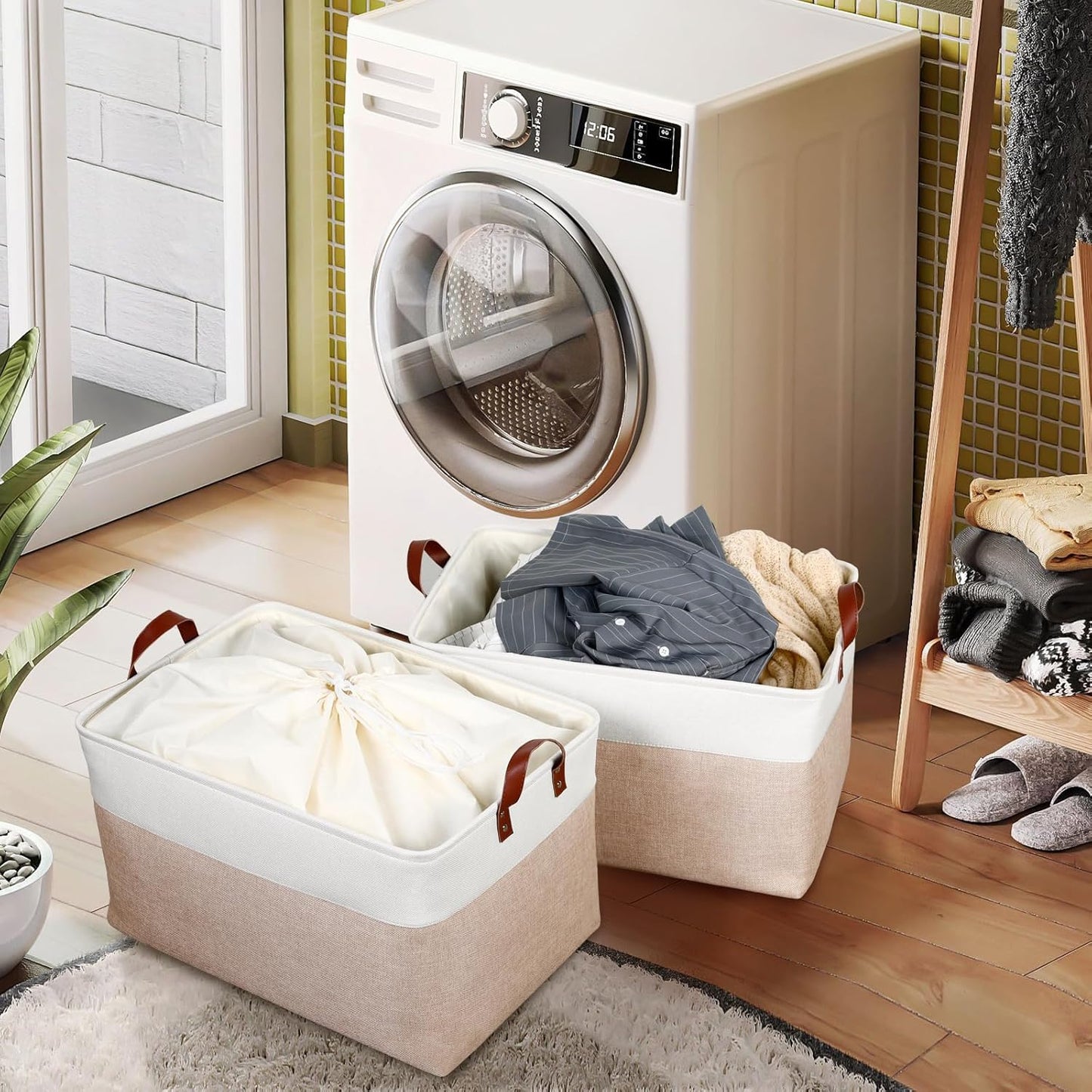 DULLEMELO 70L Extra Large Storage Bin, 22" x 15" x 13" Oversized Storage Basket, Collapsible Storage Box, Fabric Clothes Toys Blanket Basket for Shelves, Laundry, Nursery (White&Khaki)