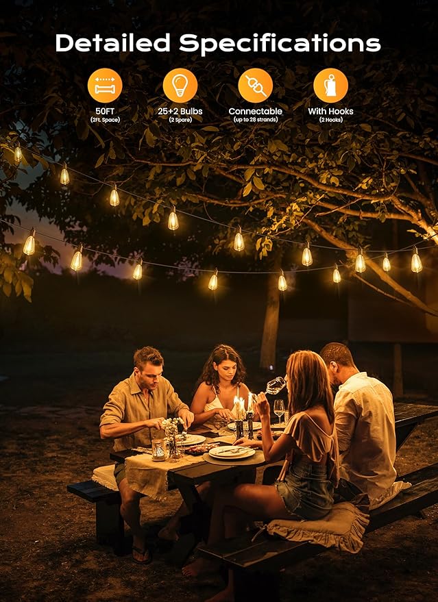 Brightown Outdoor String Lights, 50FT 25+2 LED ST38 LED Patio Lights - Image 2