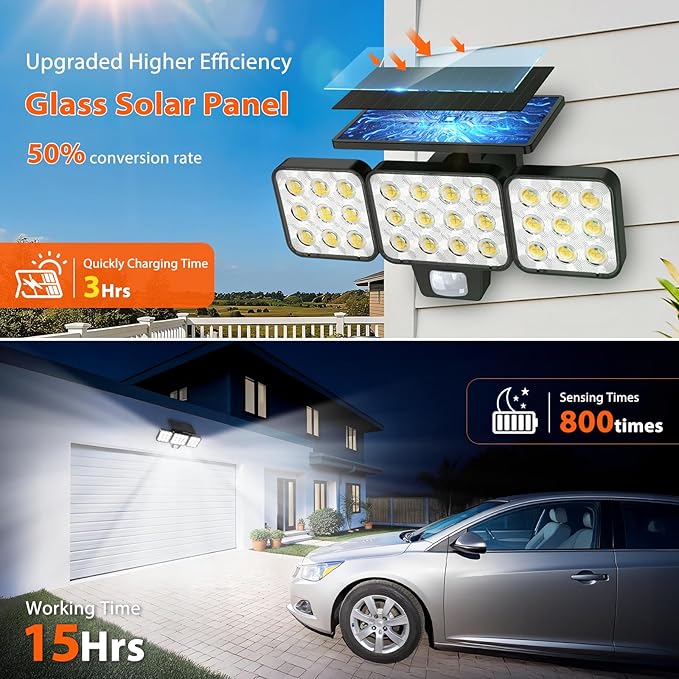 WdtPro Solar Lights Outdoor Flood Light 3 Pack, 3500LM Bright Motion Sensor - Image 3