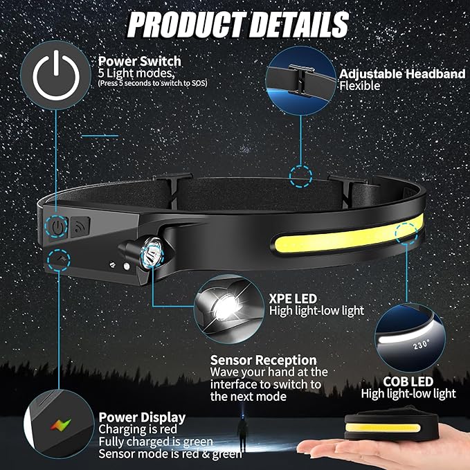 Headlamp Rechargeable 8 Pack, LED Headlight Flashlight Super Bright - Image 3