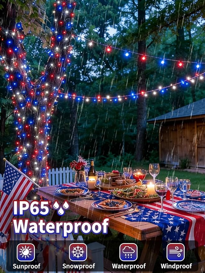 2 Pack 200 LED Red White and Blue Solar String Lights Outdoor Waterproof - Image 5