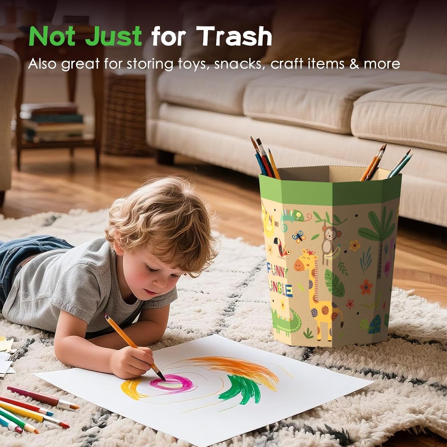 6-Pack Cardboard Trash Can – Foldable, Recyclable, Plastic-Free & Reusable Small Waste Paper Basket for Kids - Garbage Bin Perfect for Bedrooms, Playrooms, Children's Room & Outdoor (1.6 Gallon)