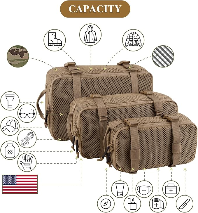 PETAC GEAR 3 PCS Tactical Modular Packing Cubes, Large Capacity Mesh Storage Bag - Image 2