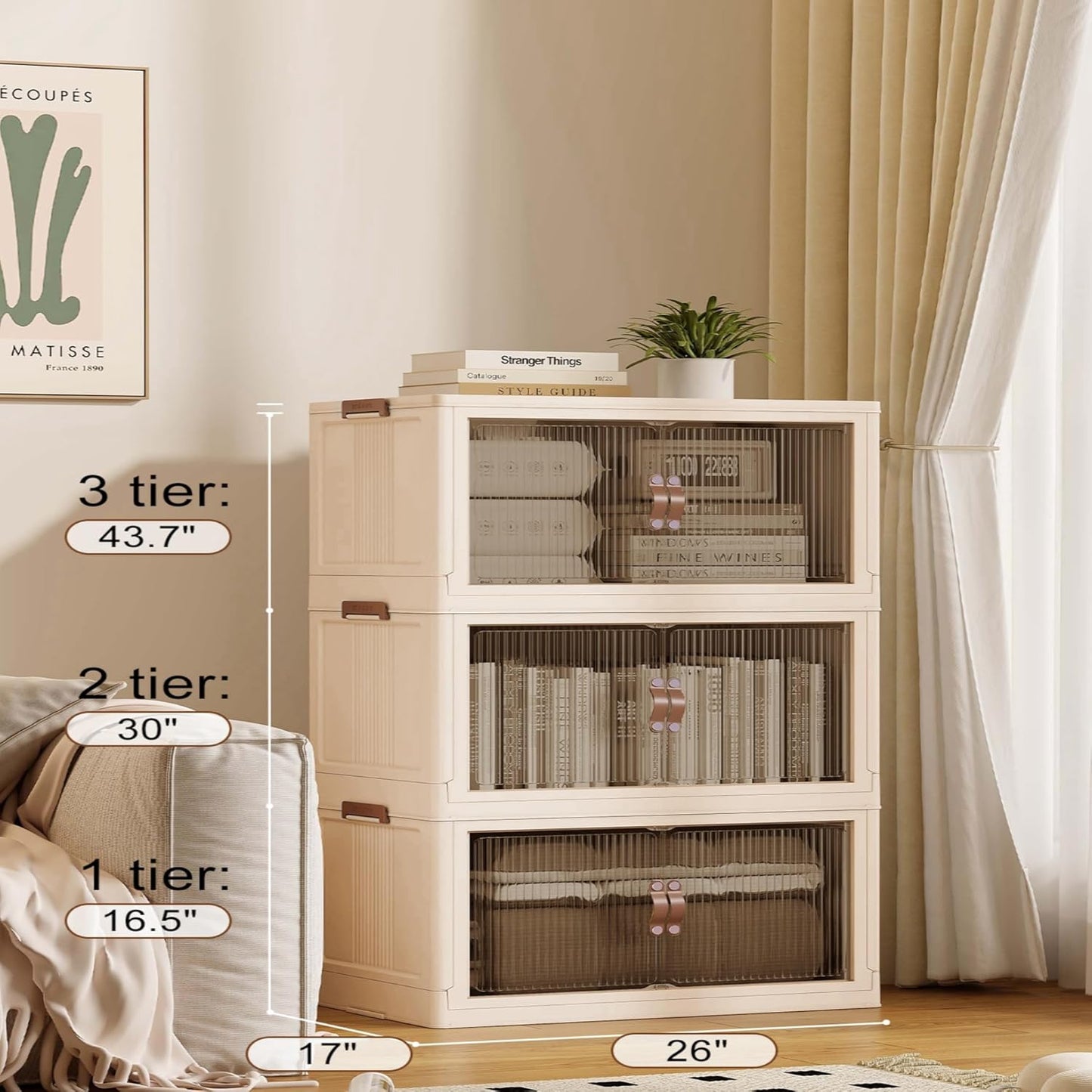 SAILUN 83Gal/335Qt Stackable Storage Bins Folding Collapsible Storage Bins with Lid, Closet Organizers and Box with Door Beige 26" W x 17" D x 43.7" H