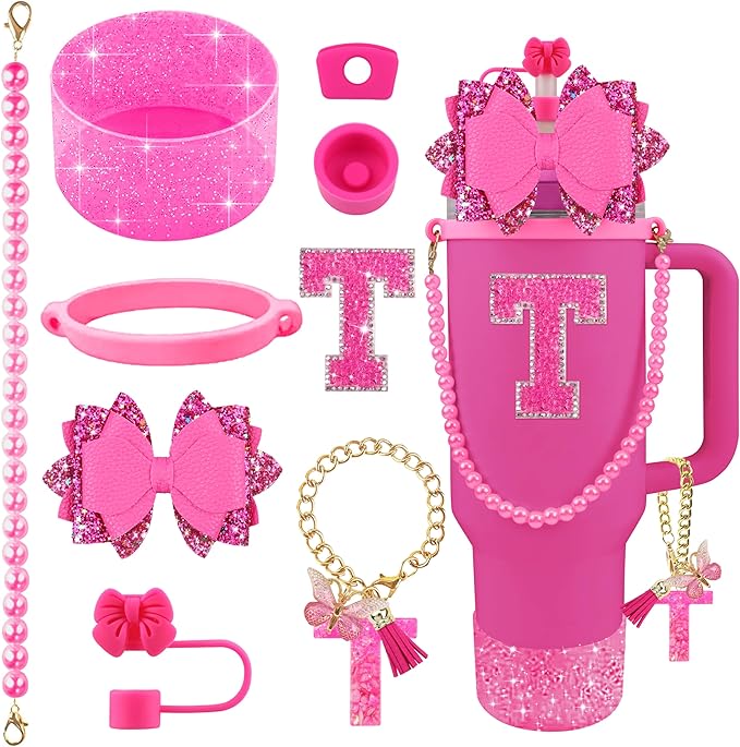 9PCS Hot Pink for Stanley Cup Accessories Set Bling Initials Bow Charms for by Unknown