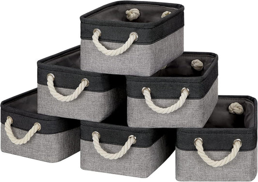 Temary Fabric Storage Baskets 6 Pcs Small Cloth Basket for Shelves Collapsible Decorative Storage Organizer Small Canvas Storage Bins with Handles (Black,11.8L x 7.9W x 5.3H inches)