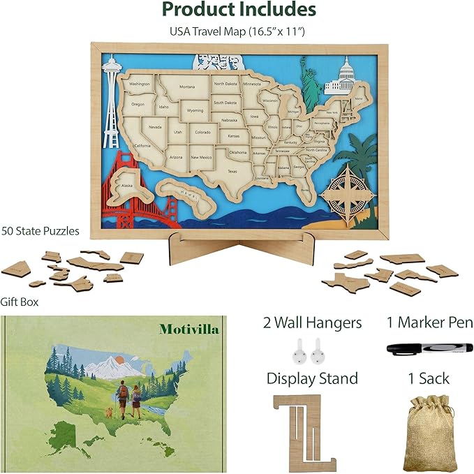Wooden USA Landmark Travel Map, 16.5 x 11, 3-Layer Wood State Map Tracker Puzzle - Image 4