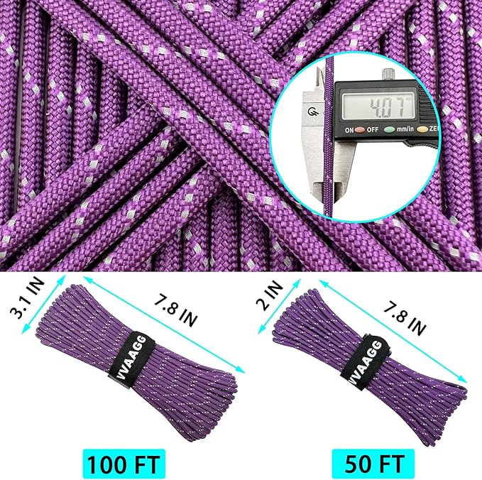 VVAAGG Reflective Paracord Rope 100FT, 7 Strand Nylon para Cord Lanyard Utility - Image 2