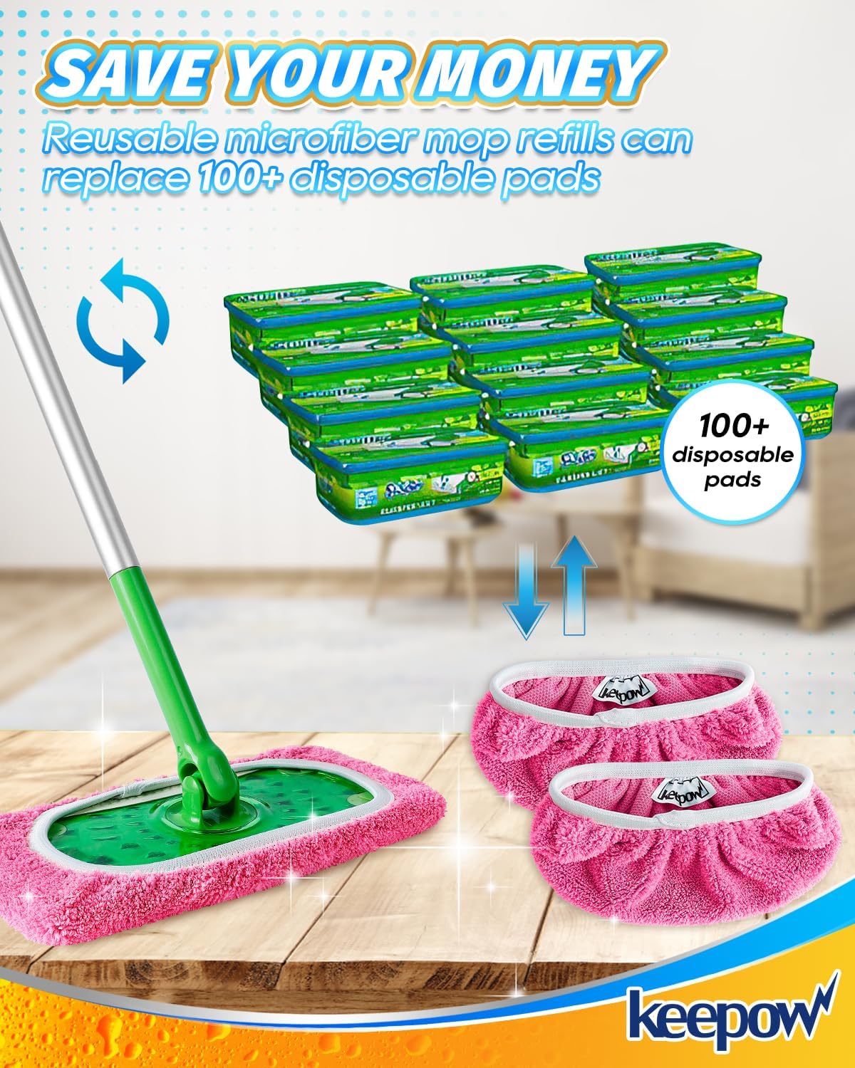 KEEPOW 6 Pack Reusable Mop Pads Compatible with Swiffer Sweeper, Coral Fleece Pink Washable Swiffer Mop Pads, Dry & Wet Sweeping Mopping Cloths (Pink, Not Included Mop)