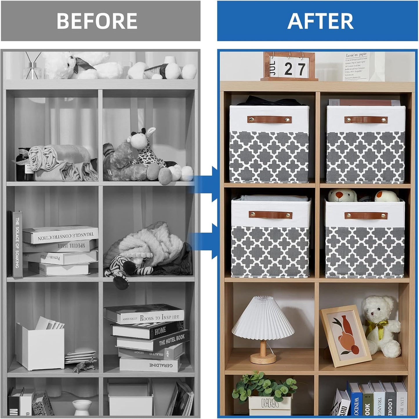 Temary 11x11x11 Cube Storage Bins Cube Organizer Bins 4 Pack Canvas Storage Bin for Home, Cube Storage Basket with Leather Handles(Grey Lattice)