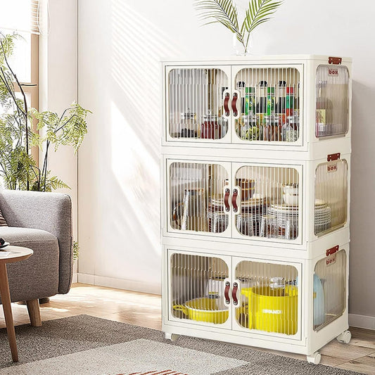 Multi-Purpose Stackable Plastic Storage Bins with Wheels & Lids - Space-Saving Foldable & Collapsible Organizers for Home, Pantry, Office, Dorm, Craft Room & Closet (3 Layers)