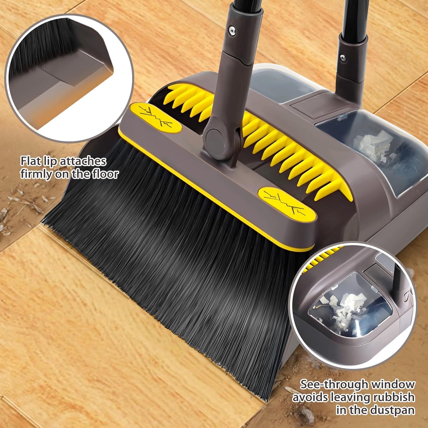 JEHONN Broom with Dustpan Combo Set, Long Handle Lightweight 180 Degree Rotating Sweeping Brush Indoor, Upright Standing Dust Pan with Comb Teeth for Home Room Kitchen Office Lobby (Brown Yellow)