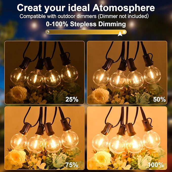 100ft 2-Pack Outdoor String Lights, Dimmable G40 LED String Lights - Image 3