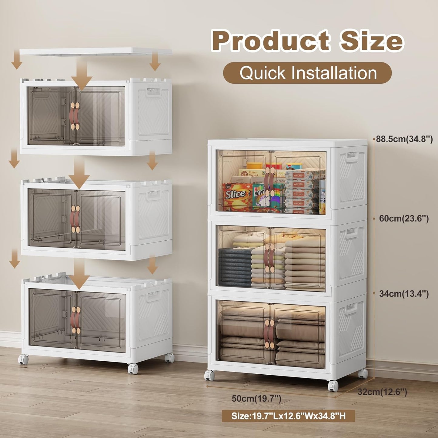 SAILUN 135QT Extra Large Collapsible Storage Bins with Wheels and Lid, Stackable Storage Bins Open Closet Organizers and Storage Storage Containers Drawers,19.7" L × 12.6" W × 34.8" H（3 Pack）