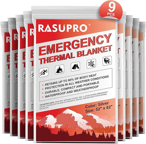 9 Pack Emergency Blankets, Outdoor Survival Emergency Insulated Gear, Mylar by Rasupro