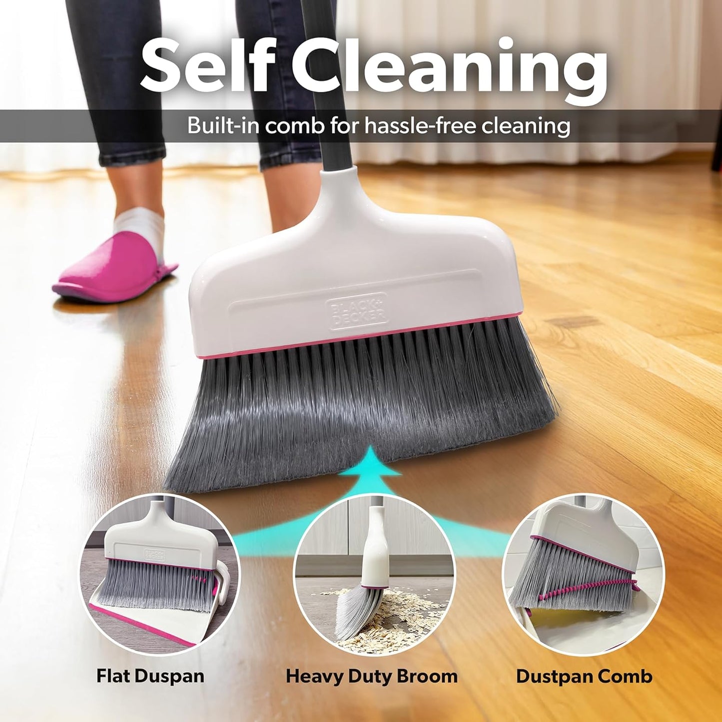 BLACK+DECKER Butler Broom & Dustpan Set - Stand-Up Design - Lightweight, Space-Saving Combo for Kitchen, Living Room, Bathroom, Lobby Floors - Home Cleaning Essential, White/Pink