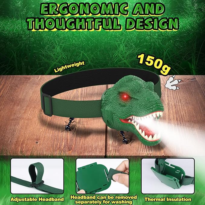 Nitigo Dinosaur Headlamp for Kids Flashlight Led Headlights Roar & Silent Mode - Image 8