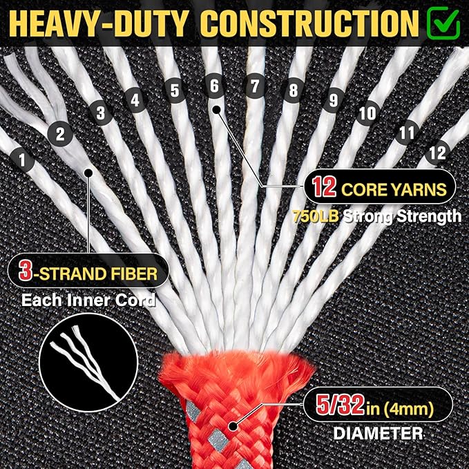 Reflective Paracord Rope 750 lb - 100ft 5/32" Parachute Cord 4MM 12-Strand para - Image 3