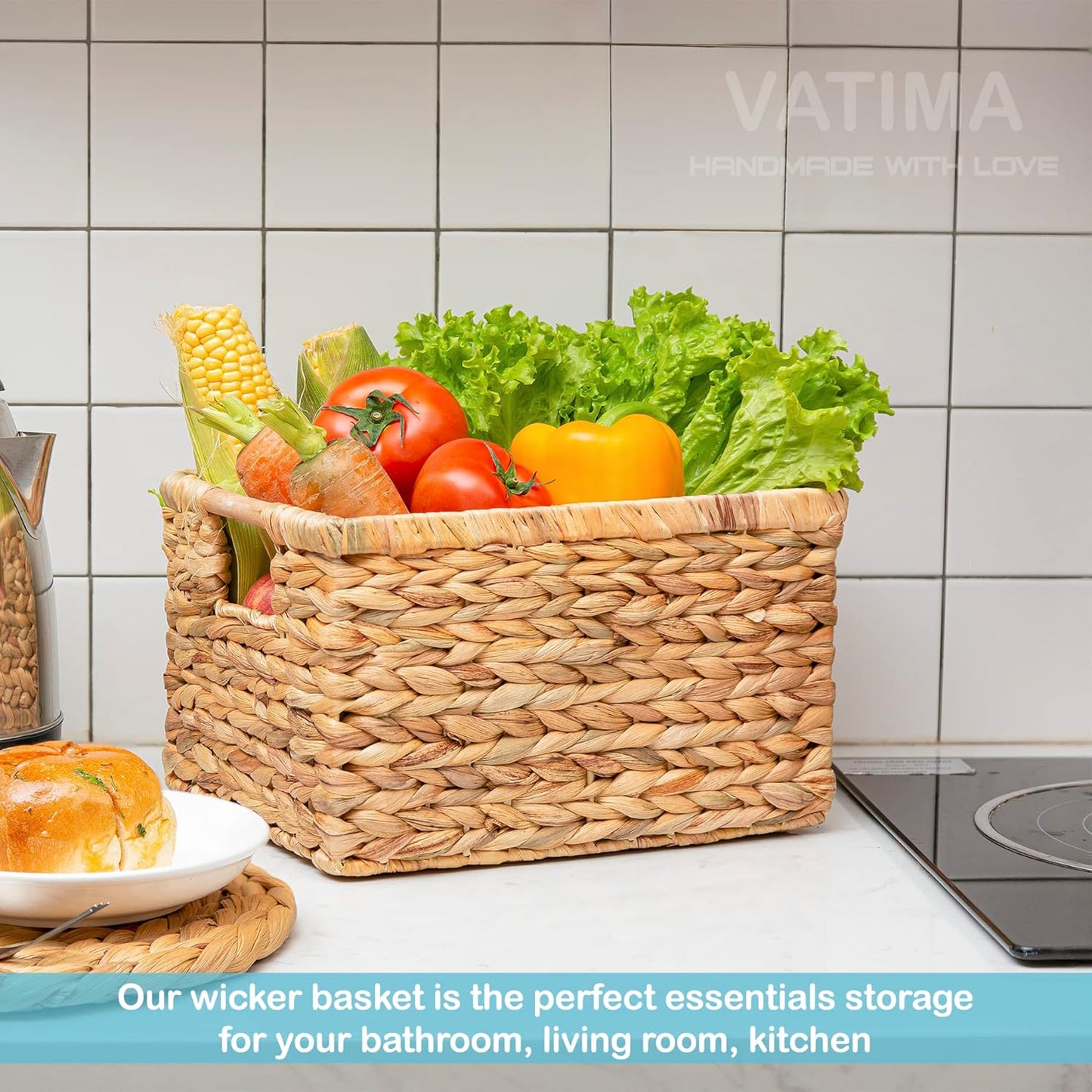 Natural Water Hyacinth storage basket with Handle, Rectangular Organizing Basket for Organizing, Decorative Wicker Storage Bins for Living Room, Medium Wicker Baskets - 3 Pack Medium