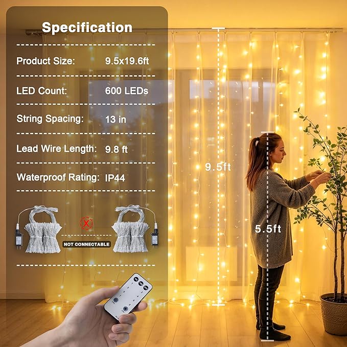 JMEXSUSS 600 LED Curtain Lights Outdoor, 9.5ft x 19.6ft Window Hanging Lights - Image 6