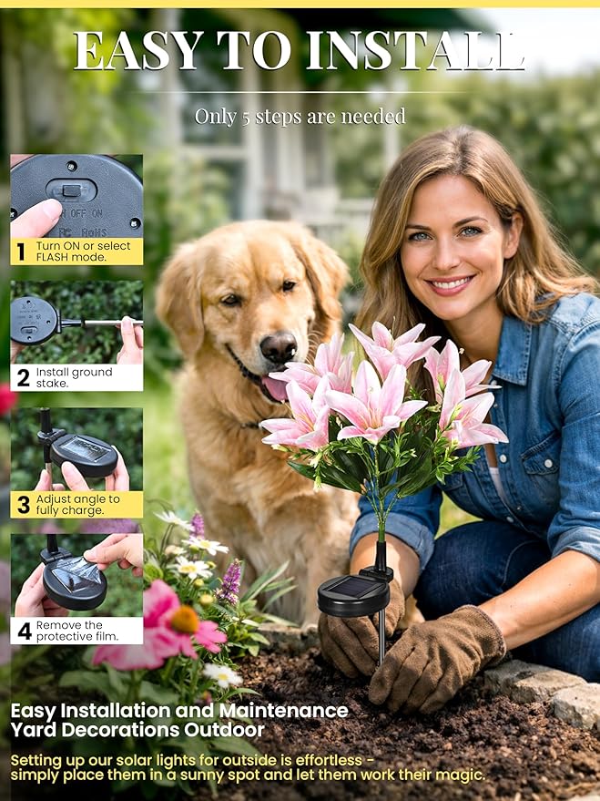 GIGALUMI Solar Garden Lights, 8 Pack LED Lily Garden Decor Carefree Solar - Image 5