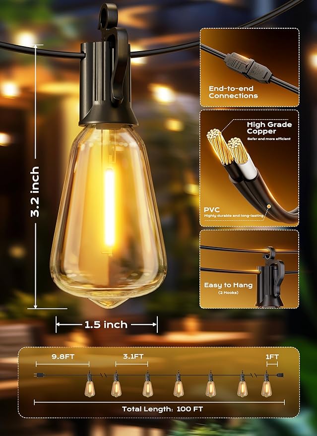 Brightown Outdoor String Lights Patio Lights, 100FT ST38 Shatterproof Dimmable - Image 7
