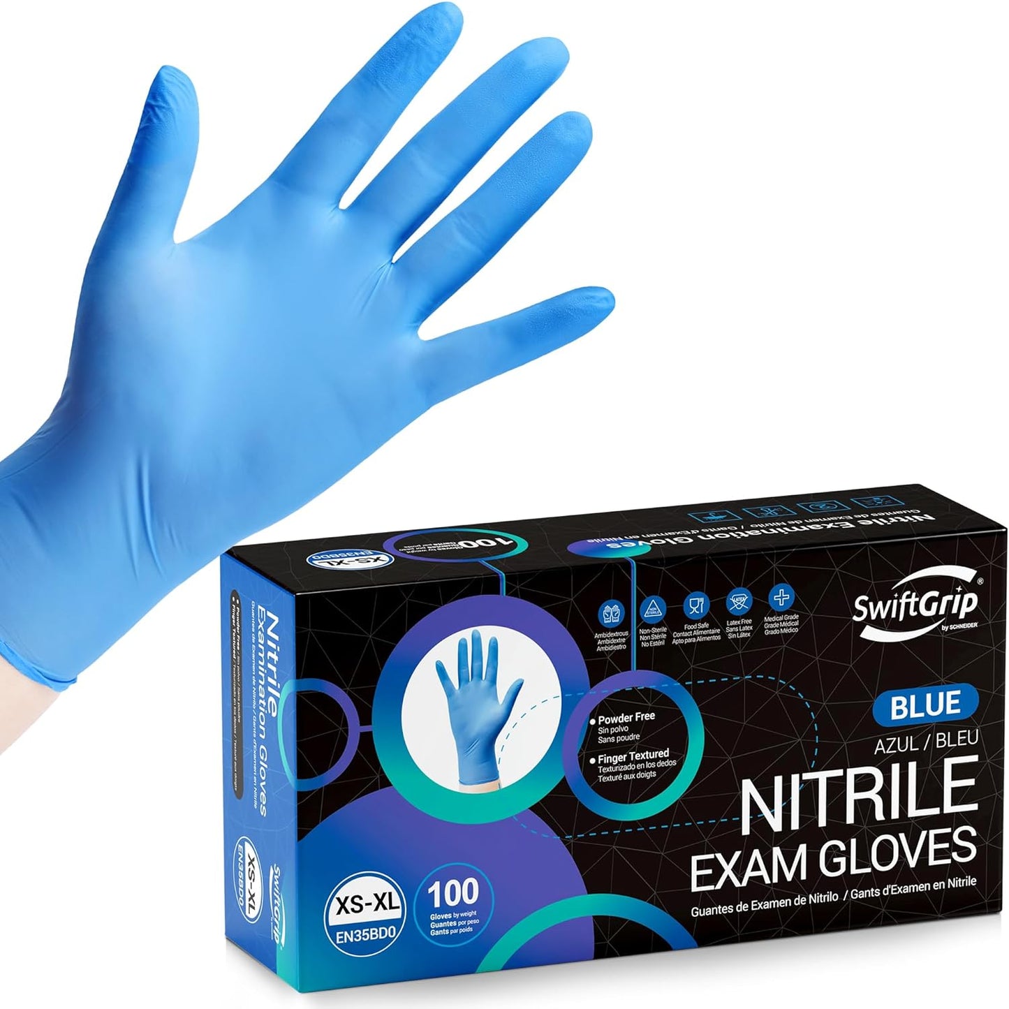 Disposable Nitrile Exam Gloves, Blue, Nitrile Gloves Disposable Latex Free, Medical Gloves, Cleaning Gloves, Food-Safe Rubber Gloves, Powder Free, Non-Sterile, 100-ct Box (Medium)