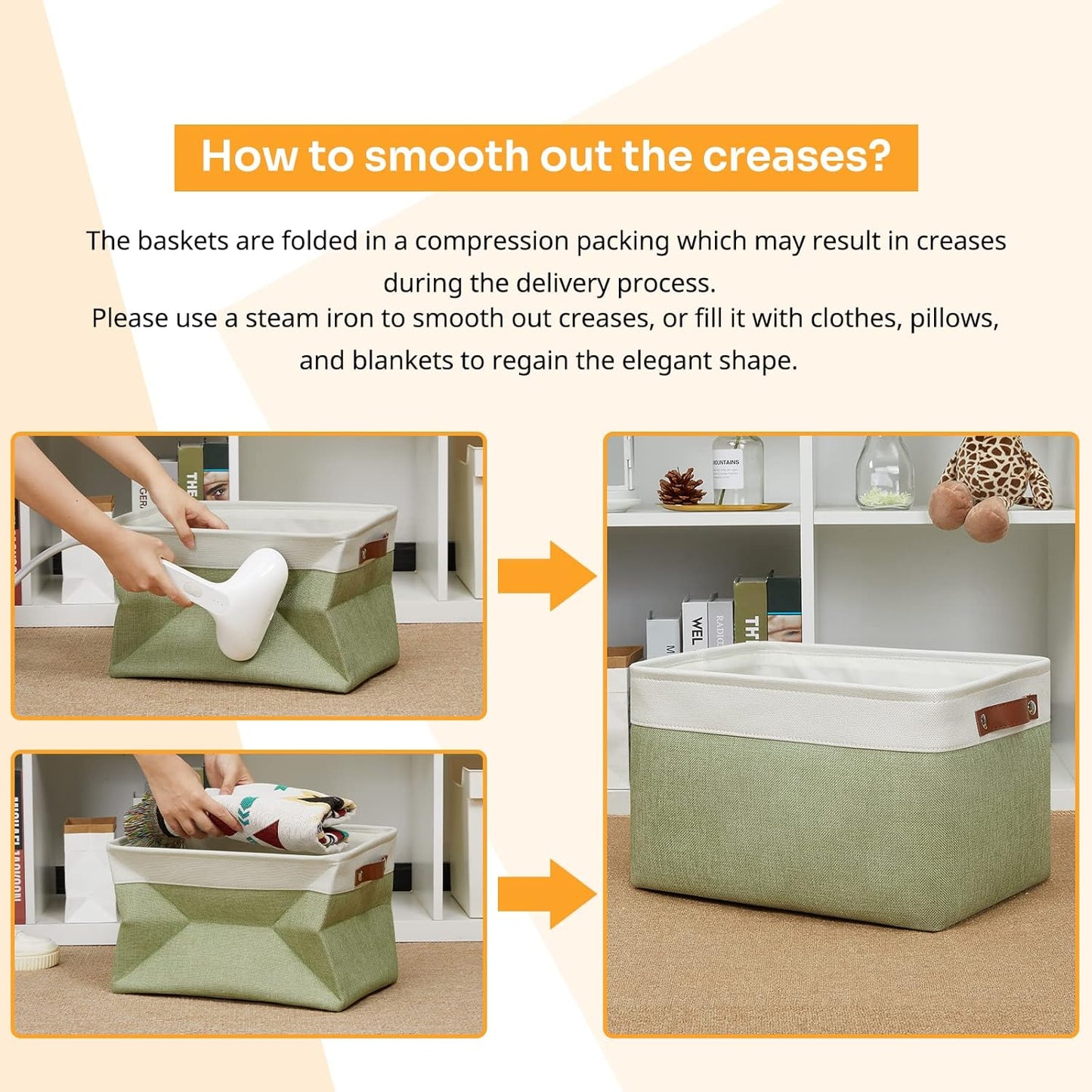 DULLEMELO Fabric Storage Bin for Laundry, Home, Foldable Storage Basket for Shelves, Toys, Collapsible Storage Basket Bin for Office, Closet,Bedroom(White&Green)