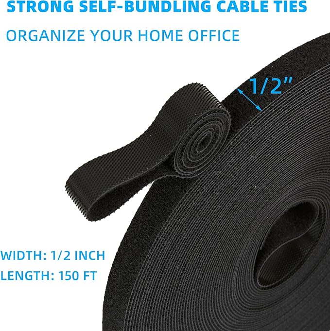 150 ft x 1/2 inch Hook and Loop Roll, Reusable Fastening Cable Ties, Office and - Image 2