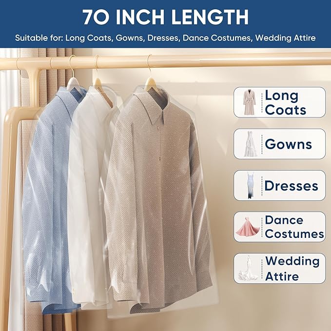 50 Pack 23.6"x70" Garment Bags for Hanging Clothes, Thick Clear Plastic Dry - Image 3