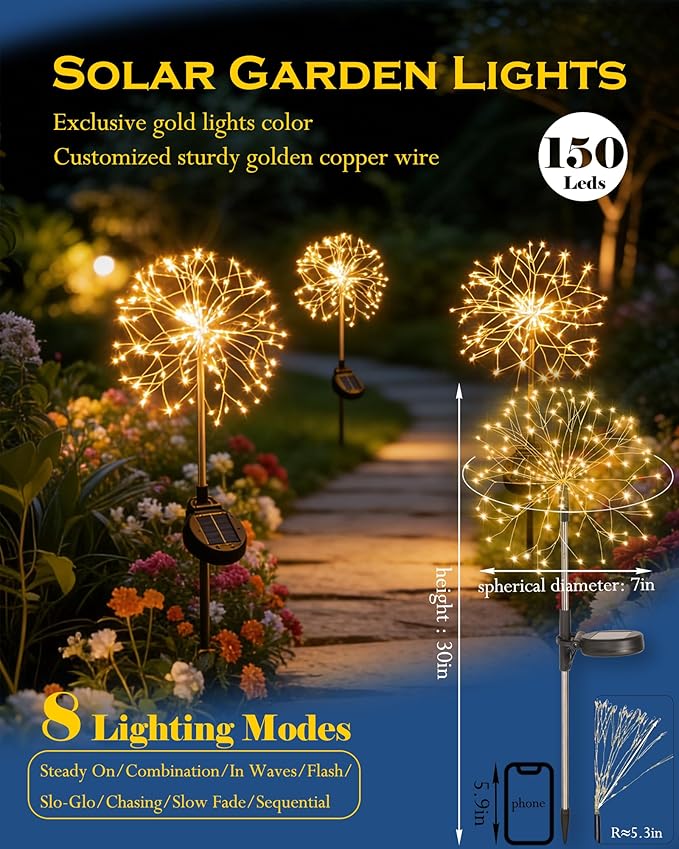 Solar Garden Lights Outdoor Yard Decorations, 4 Pack 150Leds Pathway Light - Image 2