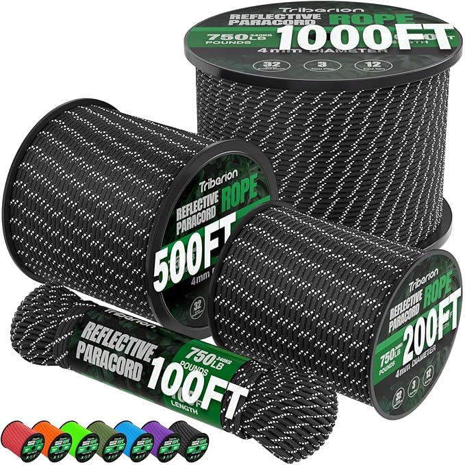 Reflective Paracord Rope 750 lb - 50ft 5/32" Parachute Cord 4MM 12-Strand para by Triberion