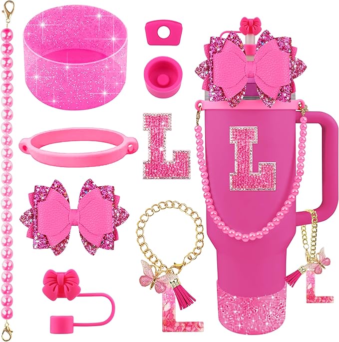 9PCS Hot Pink for Stanley Cup Accessories Set Bling Initials Bow Charms for by Unknown