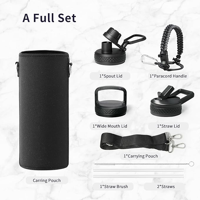 Trebo 40oz Water Bottle with 3 Lid and handle, Vacuum Insulated Stainless Steel - Image 7