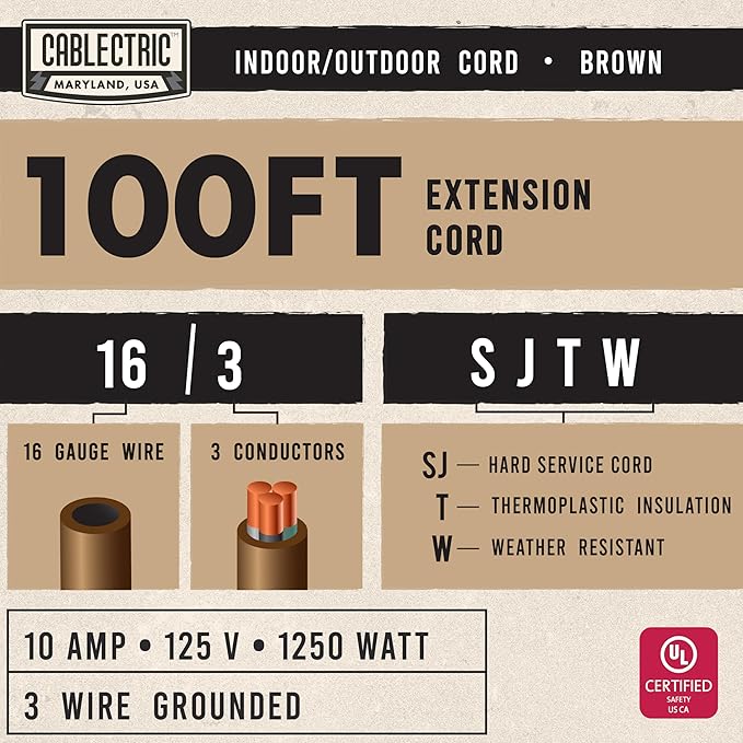 Brown 100' Extension Cord, 16/3 Heavy Duty Cable - Image 2