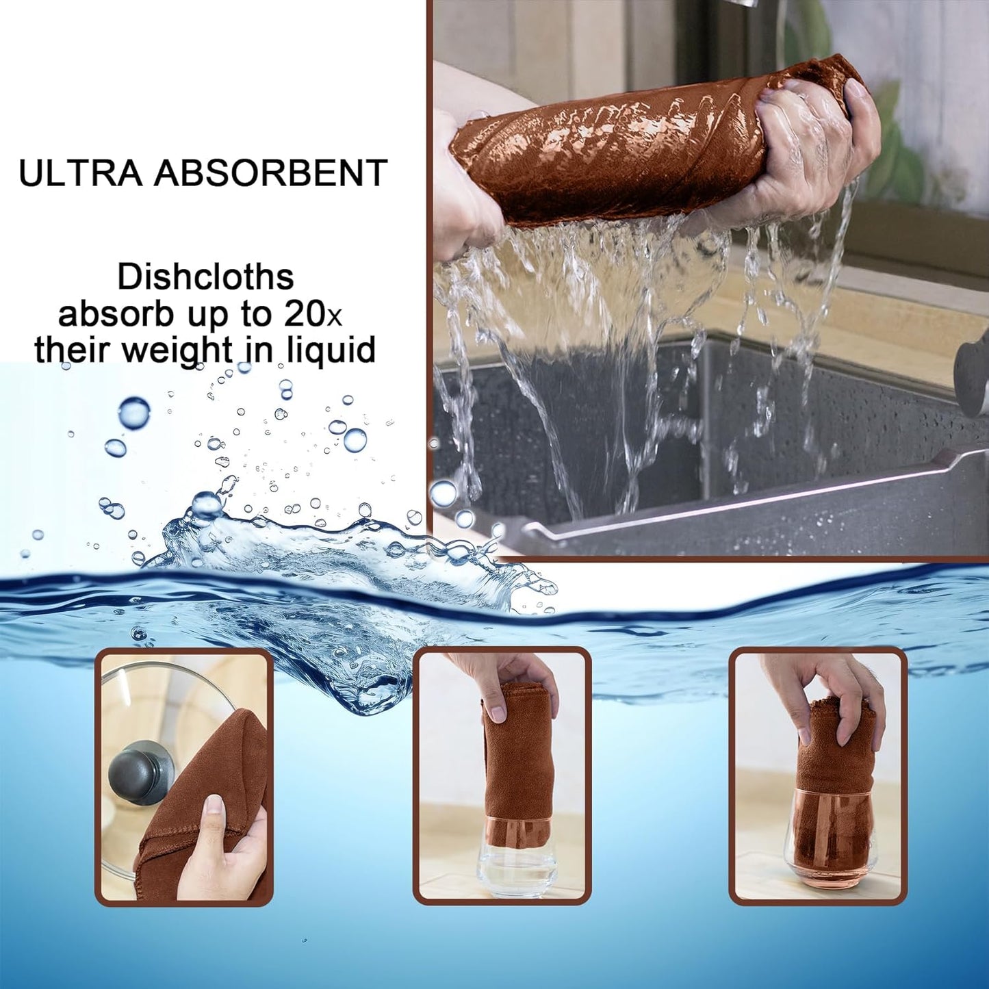 kimteny 13x28 Inches Kitchen Cloth Dish Towels, 400 GSM Premium Dishcloths, Super Absorbent Coral Velvet Microfiber Cleaning Cloths, Fast Drying Rags for Washing Dishes (8 Pack, Brown)