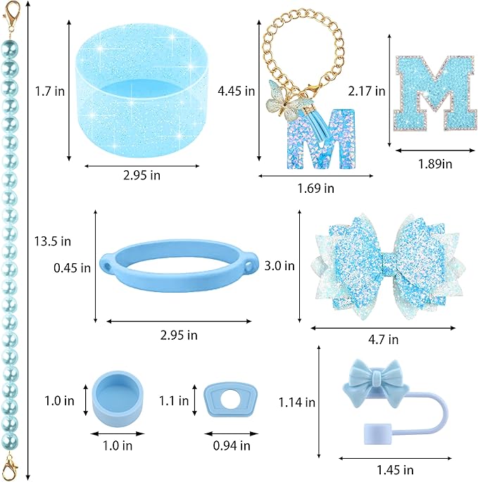 9PCS Blue for Stanley Cup Accessories Set Bling Initials Bow Charms for Stanley - Image 3
