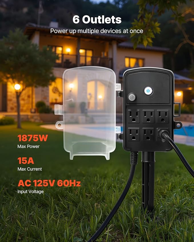 VEVOR Outdoor Power Stake Waterproof, 25 FT Extension Cord, Outdoor Power Strip - Image 2