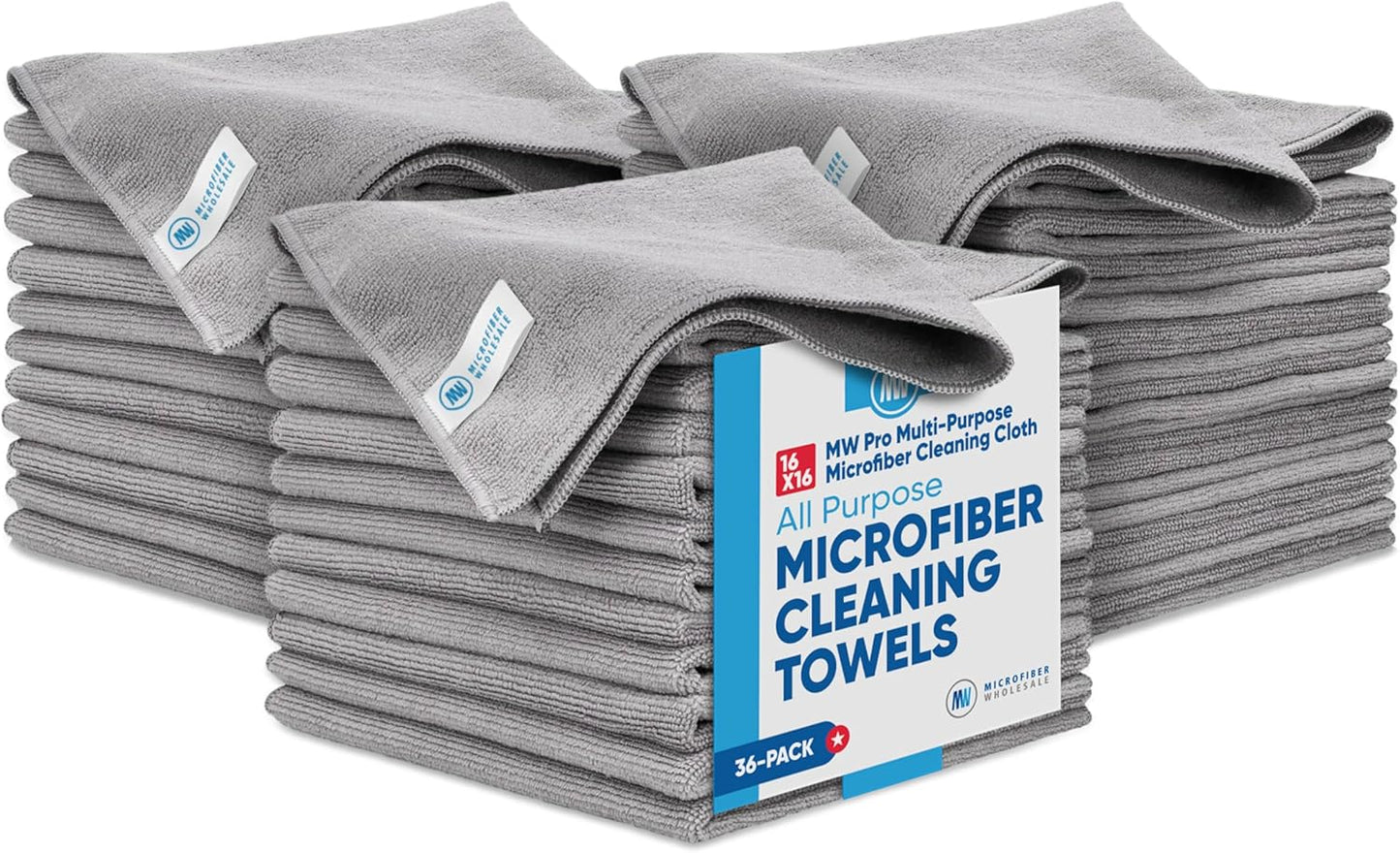 MW Pro Microfiber Cleaning Cloth | Gray | 36 Pack | 16” x 16” | All Purpose Microfiber Towels - Clean, Dust, Polish, Scrub, Absorbent